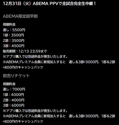 ABEMAプレミアムのPPV配信チケット料金とキャッシュバックキャンペーン